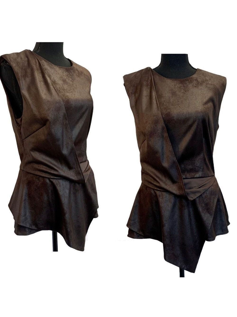 Nha Khanh brown faux suede asymmetrical draped peplum top Sz 10 sleeveless